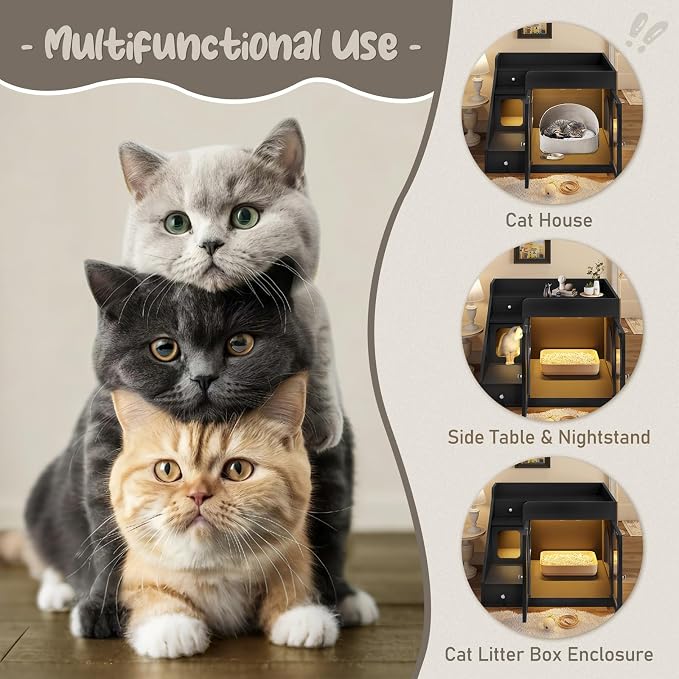 Cat Litter Box Enclosure with Light, Hidden Litter Box Furniture with 2 Storage Drawers & Smart Doors, Cat House Side Table for Living Room Entryway (Black)