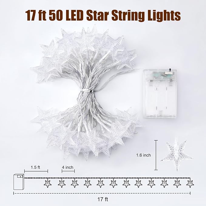 Minetom Star String Lights Battery Operated - 17 ft 50 LED Star Fairy String Lights with Timer, Waterproof for Indoor Bedroom Tent Loft Bed Patio Party Wedding Decor, Warm White