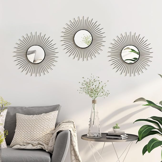 3 Pack Metal Mirrors for Wall Sunburst Wall Mirrors Home Décor Decorative Hanging Wall Art for Living Room Bedroom Entryway (Black2, Sunburst)
