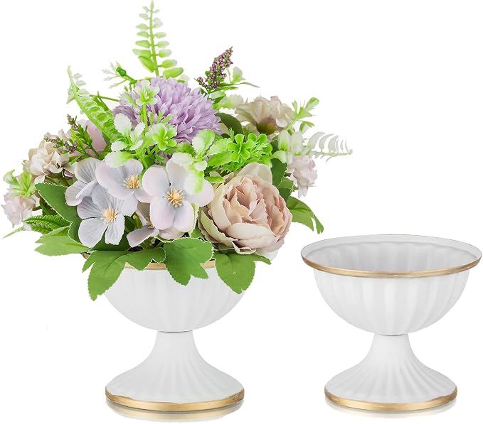 Sziqiqi White Metal Compote Vase, Wedding Centerpiece for Table, 2Pcs | 3.7in Small Flower Arrangement, Mini Pedestal Bowl Urn Vases for Decoration, Home, Wedding, Party, Event, Birthday