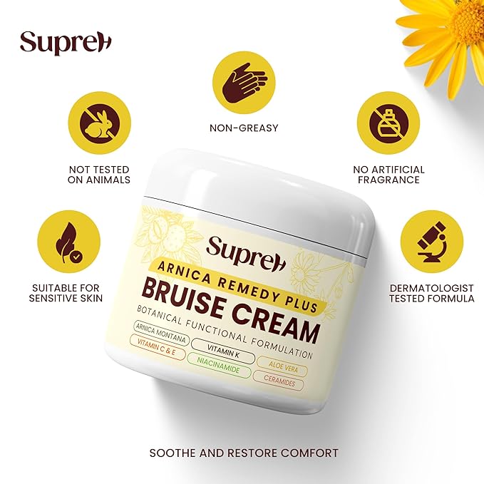 SupreH Arnica Bruise Cream Extra Strength: Vitamin K C & E for Bruising, Swelling and Niacinamide Ceramide for Discoloration & Thin Skin