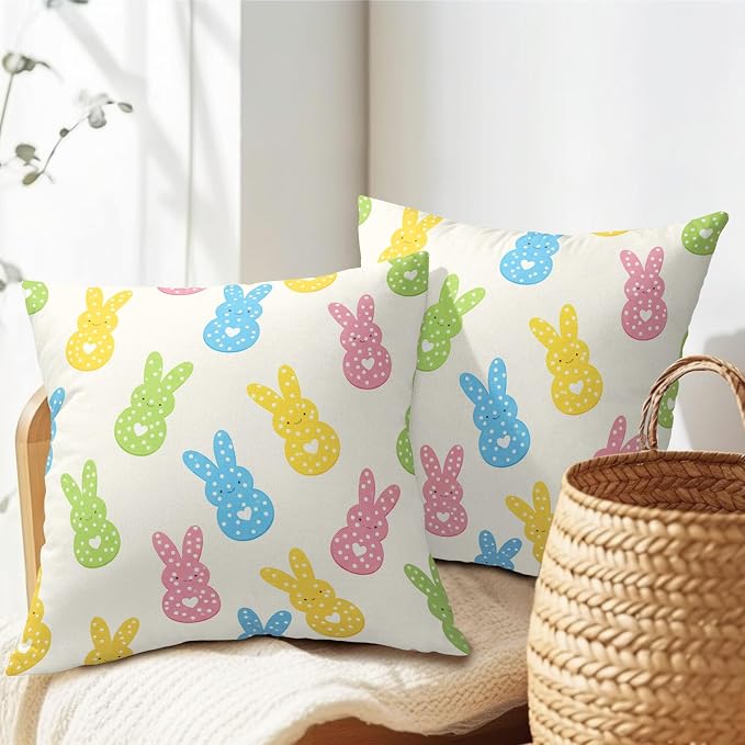 Easter Bunny Pillow Covers 20X20 Inch Colorful Peep Rabbit Polka Dot Decorative Pillow Cases Spring Easter Holiday Throw Pillows Set of 2 Seasonal Modern Farmhouse Home Decor For Sofa Couch Outdoor