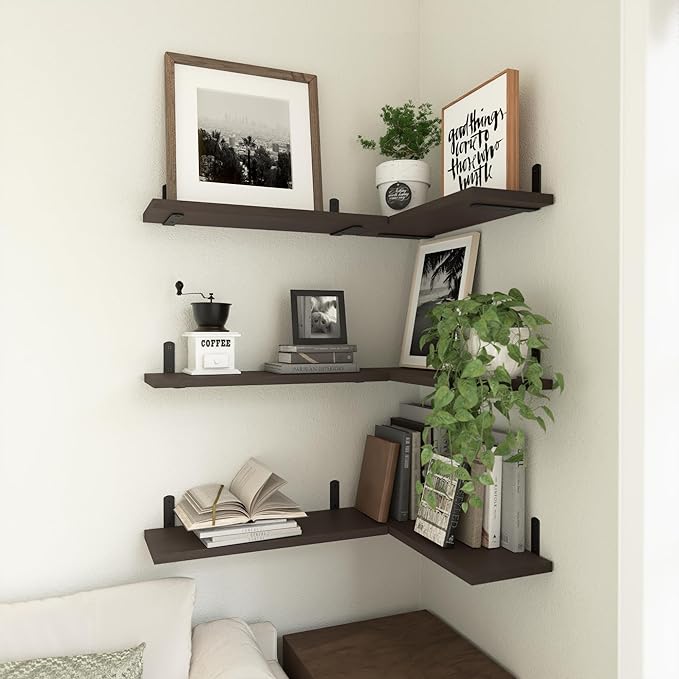 Wood Floating Shelves Set of 6, Shelves for Wall Decor, Farmhouse Shelf for Bedroom, Bathroom Storage Shelves, Book Shelves for Living Room, Dark Brown