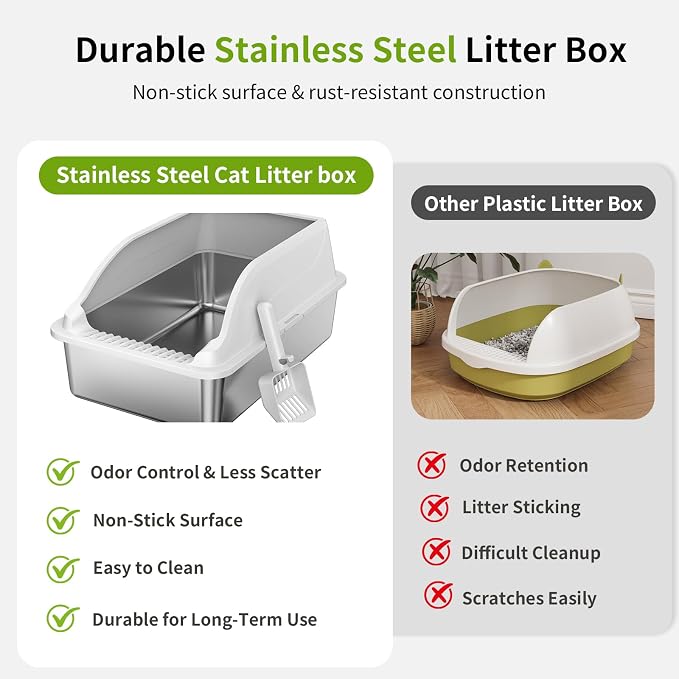 Stainless Steel Cat Litter Box, Extra Large XL Odor Free Metal Litter Box with High Sides Lid, Open Top Litter Pan Include Scoop Easy Cleaning Kitty Cat Box Anti-Urine Leakage, Non-Sticky