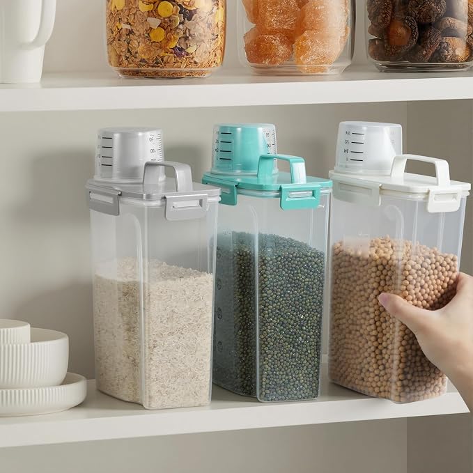 TBMax Rice Container Cereal Storage Container 2 Pack 5 Lbs, Kitchen Pantry Dry Food Storage Holder with Easy-Pouring Spout & Handy Cup, Small Pet Dog Cat Food Dispenser for Daily Feeding -Cyan