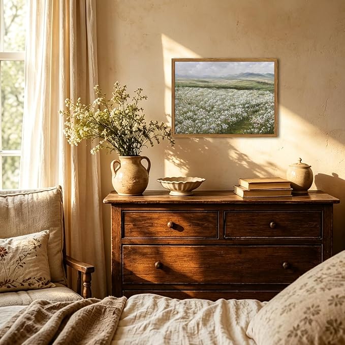 Framed Vintage Landscape Wall Art, Country Wildflower Field Pictures Wall Decor, Rustic Nature Flower Paintings Canvas Prints Farmhouse Home Decor for Living Room Bedroom Bathroom 16x24 inch