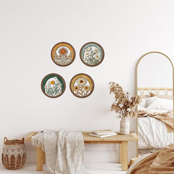 HPNIUB Vintage Flower Wall Decor, Farmhouse Sunflower Daisy Geometric Hanging Wooden Wall Art, 4 Pieces 10''x10'' Minimalist Boho Sun&Floral Wood Sign for Girls Bedroom Living Room Office