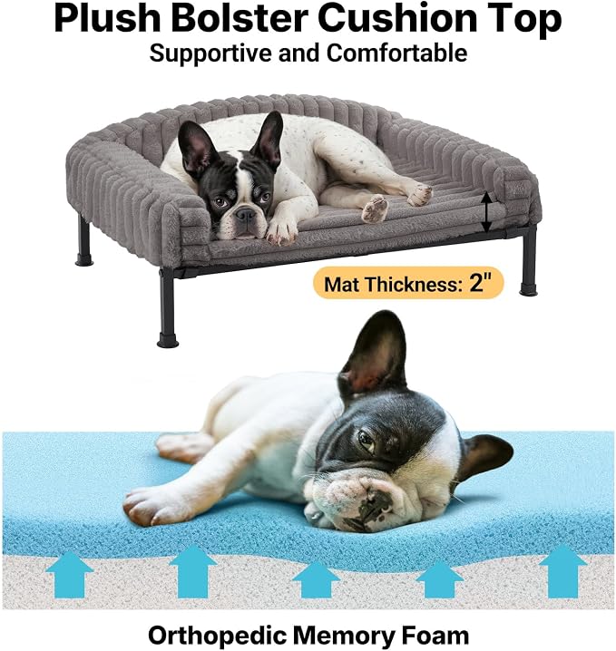 Veehoo Elevated Dog Bed with Bolster Cushion, Fluffy Plush Dog Couch Beds for Small Dogs, Cats, Washable Raised Pet Cot with Non-Slip Feet for Indoor or Patios Use, 30 x 20 Inches, Grey