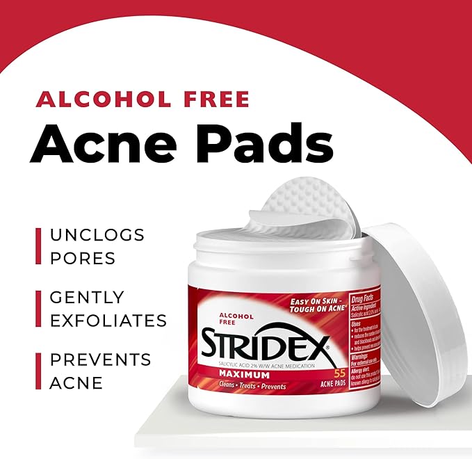 Stridex Medicated Acne Pads, Maximum, 55 Count – Facial Cleansing Wipes, Alcohol Free, Acne Treatment for Face, For Moderate Acne, Smooth Application