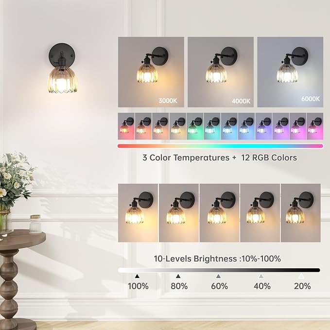 Shenmoyl Vintage Battery Operated Wall Sconce with Amber Tulip Glass Lampshade Rechargeable Battery Powered Black Wall Light with Remote Control for Bedside Bedroom Doorway