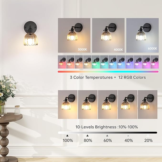 Shenmoyl Vintage Battery Operated Wall Sconce with Amber Tulip Glass Lampshade Rechargeable Battery Powered Black Wall Light with Remote Control for Bedside Bedroom Doorway, Set of 2