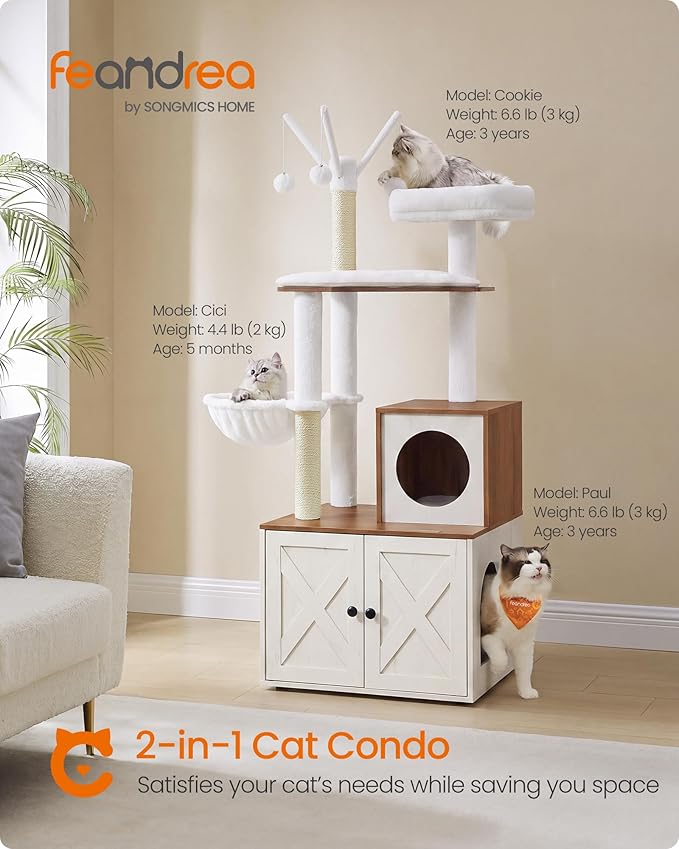 Feandrea Cat Tree with Litter Box Enclosure, 59-Inch Modern Cat Tower | 2-In-1 Condo with Scratching Posts, Washable Removable Cushion, Rustic White and Honey Brown UPCT113W201