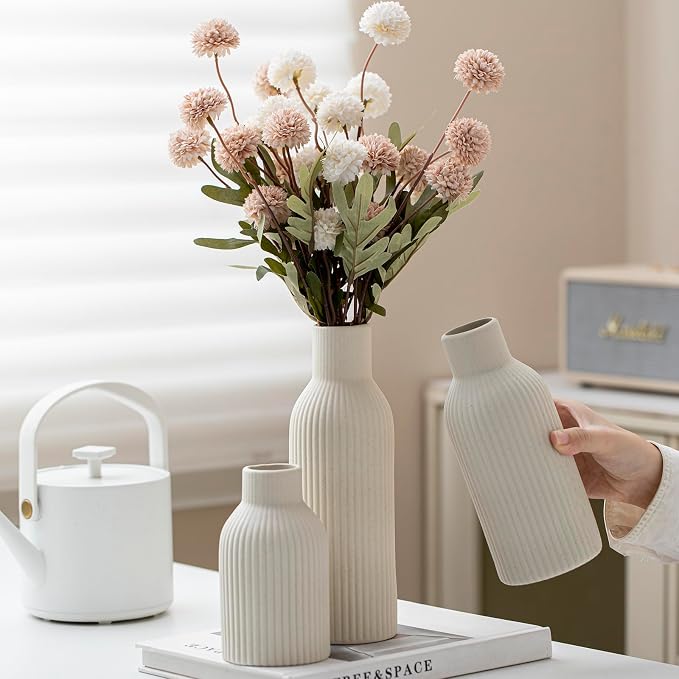 Modern Ceramic Vases Set of 3, Beige Ribbed Decorative Vases, Table Centerpiece for Home Decor (Beige)