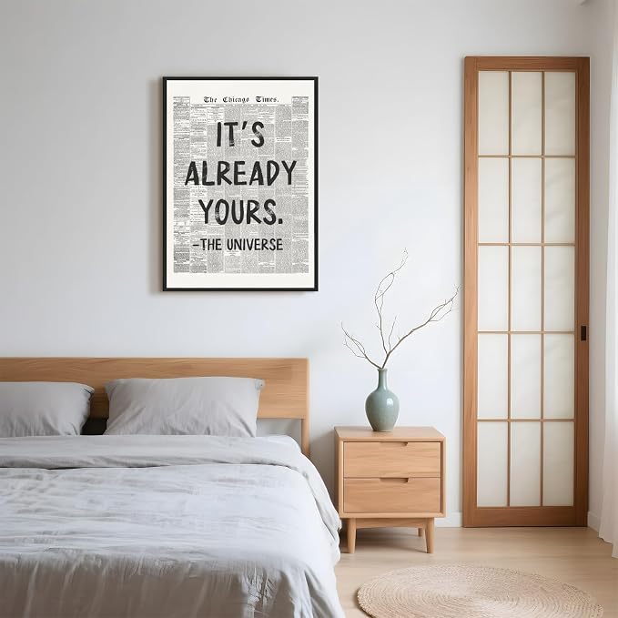 Framed Black And White Retro Newspaper Wall Art Motivational Office Decor | ItS Already Yours Universe Quote Poster Trendy Positive Inspirational Canvas Print for Bedroom Apartment Dorm 12x16inch
