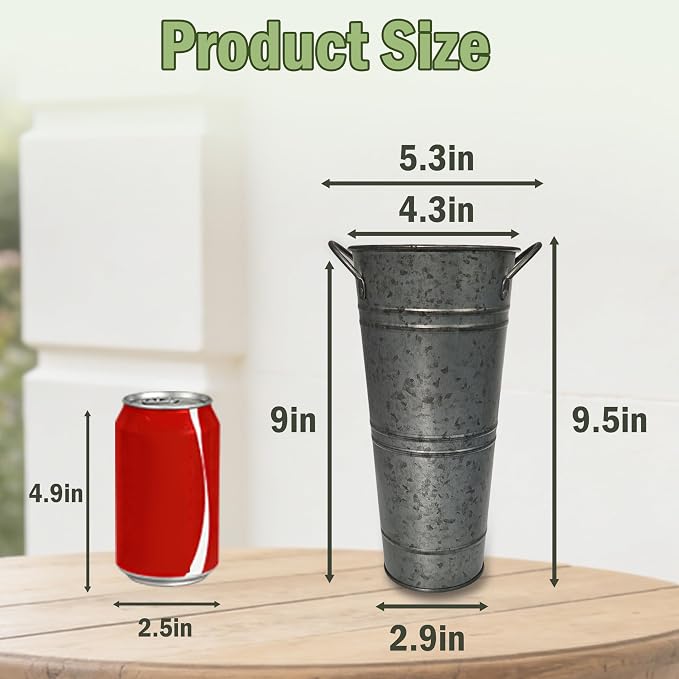 9 Inch Black Metal Flower Buckets, Set of 6 - Rustic Vases with Handles for Farmhouse & Wedding Decor, Tall Planters for Cut Flowers, Table Centerpiece & Home Organization