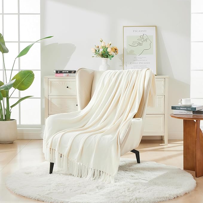 CozeCube Chenille Throw Blanket, Cream White Fringe Blanket, 60"X80" | For Couch, Cozy Plush Fuzzy Decorative Blanket with Fringe Tassels, Lightweight Throws for Bed Sofa Gift Home Decor