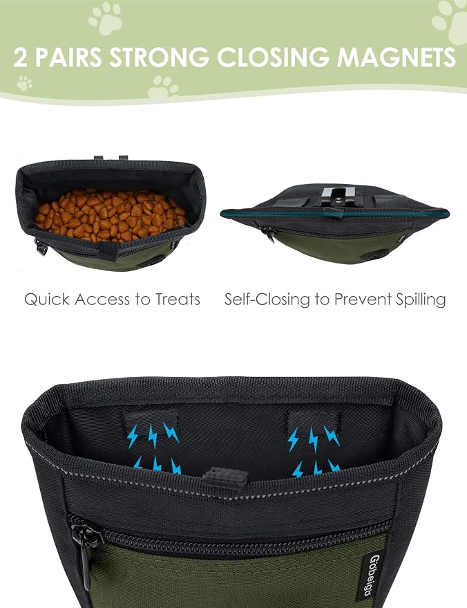 Gobeigo 2 Cup Dog Treat Pouch with Training Clicker(Black/Army Green) | 2 Pair Magnetic Closures, Zipper Pocket with Poop Bag Holder, Waist Belt & Metal Clip to Wear for Pet Training/Daily Walking