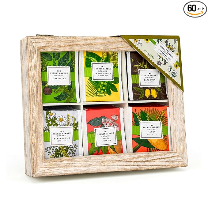 Life Plus Style Gourmet The Secret Garden Tea Sampler Collection 60 Tea Bags Organic Gift Tea Box Assortment of Green, Black, and Herbal Tea Set with 6 Unique Flavors