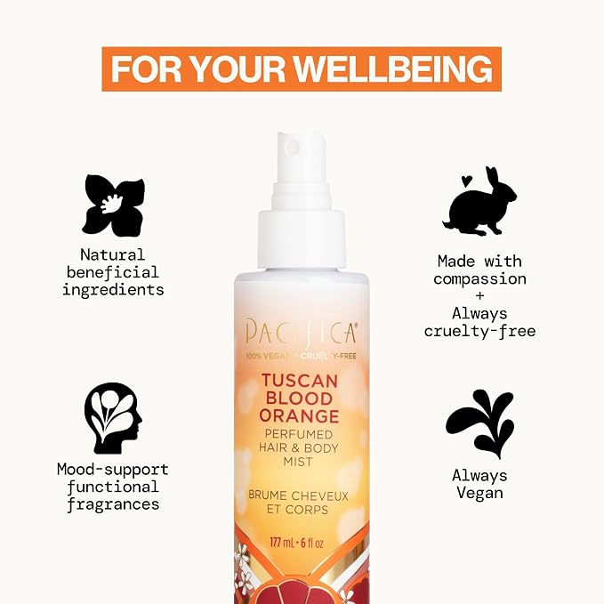 Pacifica Hair & Body Fragrance Mist - Tuscan Blood Orange - Sweet Citrus Scented Hair Perfume and Body Spray - Alcohol-Free, Long-Lasting Clean Fragrance, Vegan & Cruelty-Free, 6 Fl Oz
