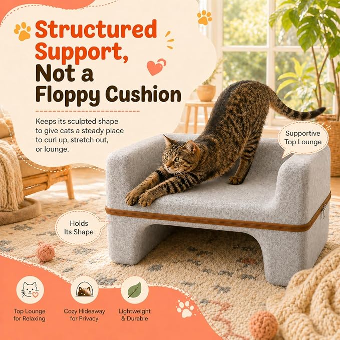 Large Cat Bed for Indoor Cats, 2-Tier Cat Cave Bed with Top Lounge & Lower Hideaway, Washable PET Felt Cat Sofa for Living Room, Bedroom, Apartment, Scratch-Friendly Cat Furniture, Light Gray