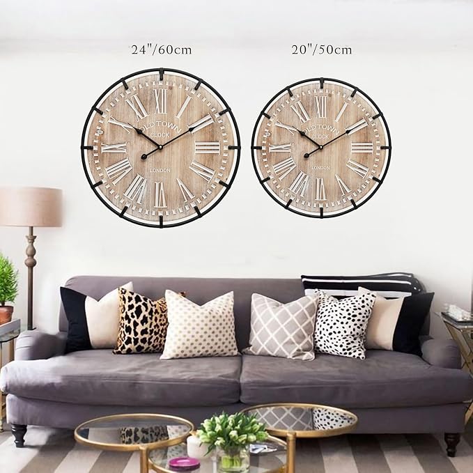 EMAX HOME 20 Inch Large Farmhouse Wall Clock, Rustic Antique Wood with Metal Circle and Large Engraved Numerals, Silent Battery Operated Wall Clock for Office Kitchen Bedroom Living Room
