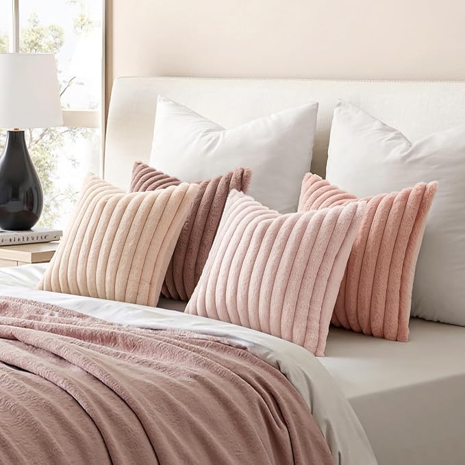 MIULEE Faux Fur Plush Decorative Throw Pillow Covers 20x20, Pink | Set of 4, Striped, Soft Cute Romantic Modern Cozy Home Decor, Cushion Cases for Sofa Couch Bed Living Room