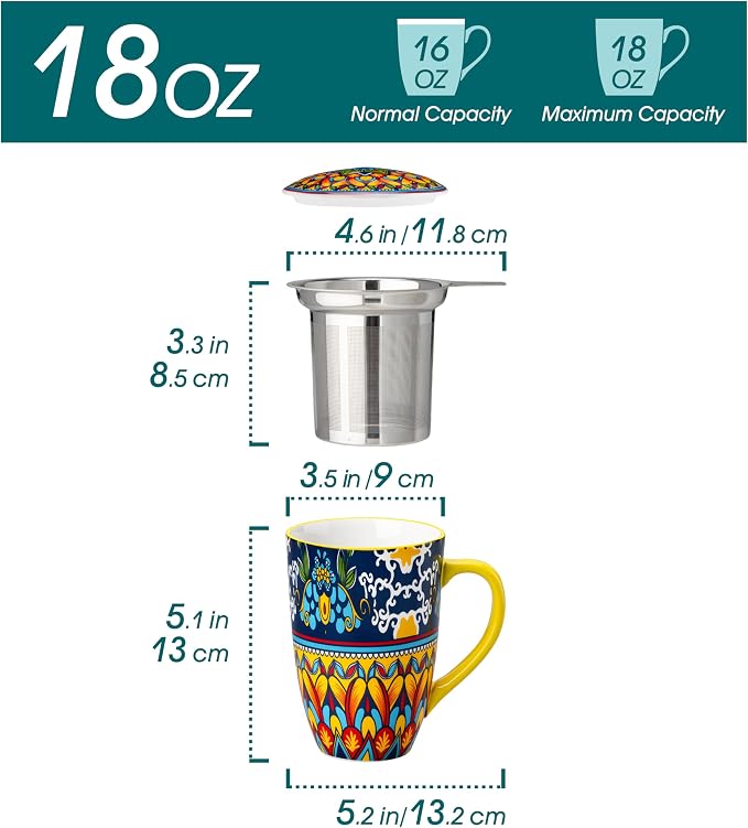 vancasso Ceramic Tea Cup with Infuser and Lid, 18 Ounce Tea Infuser Mug for Loose Leaf Tea, Microwave & Dishwasher Safe, Bohemian Mandala, Gift for Tea Lovers, Golden Lotus Mirage