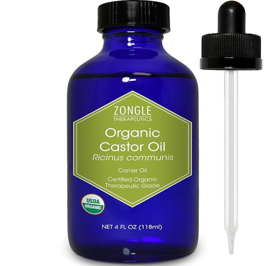 Organic, Castor Oil, Therapeutic Grade, for Constipation – 100% Pure, Castor Oil, Cold Pressed, Unrefined, in Glass Bottle, for Face, Hair Growth, Eyelashes, by Zongle Therapeutics, 4 OZ