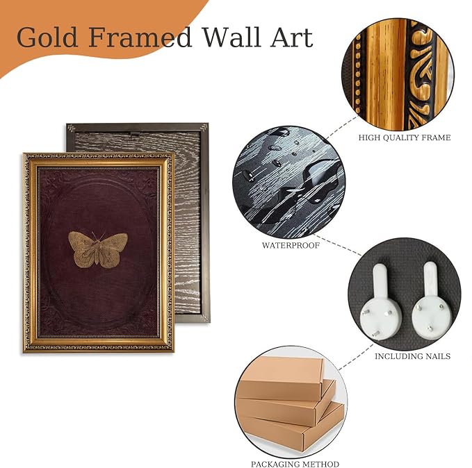 ZLPLLHA Vintage Gold Framed Wall Art Butterfly Wall Decor Moody Canvas Art Insect Pictures Victorian Paintings Burgundy Artwork for Bedroom Living Room