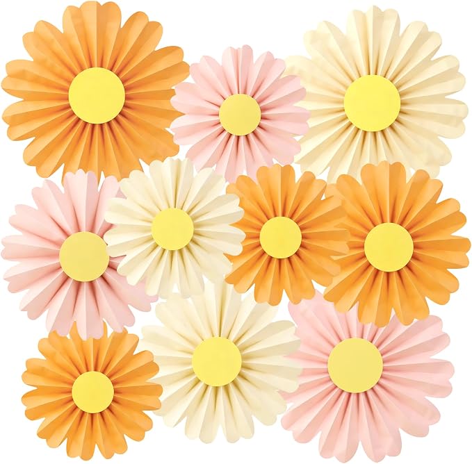 SUNBEAUTY 10 Pcs Daisy Paper Flowers Decorations Pink and Orange Flower Party Decorations Paper Fans Decor Hanging Paper Fans for Birthday Wedding Baby Shower Spring Garden Party Bulletin Board