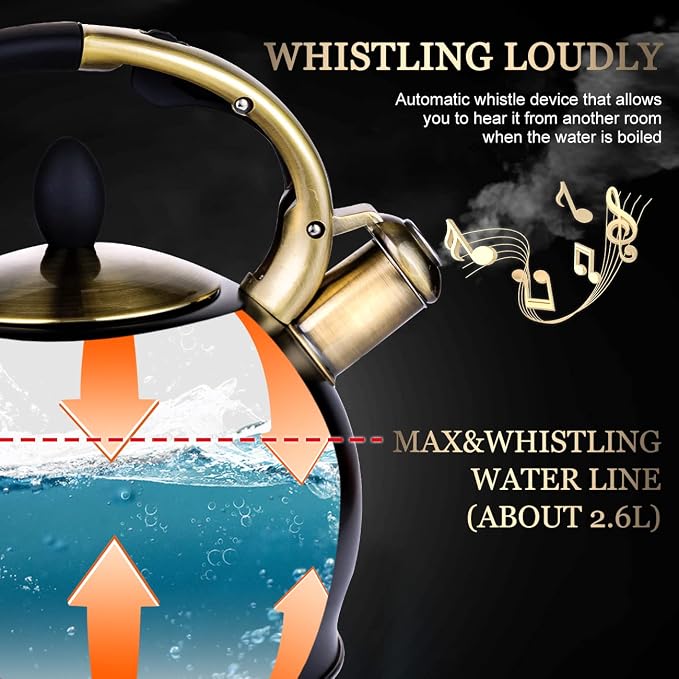 SUSTEAS Stove Top Whistling Tea Kettle - Food Grade Stainless Steel Teakettle Teapot with Cool Touch Ergonomic Handle, With 1 Silicone Pinch Mitt Included, 2.64 Quart(BLACK)