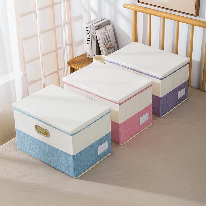 Collapsible Storage Bin with Lid [3-Pack] Fabric Foldable Storage Box Organizer Container Basket Cube with Cover for Home Bedroom Closet Office Nursery Purple&Cream(14.9x9.8x9.8)