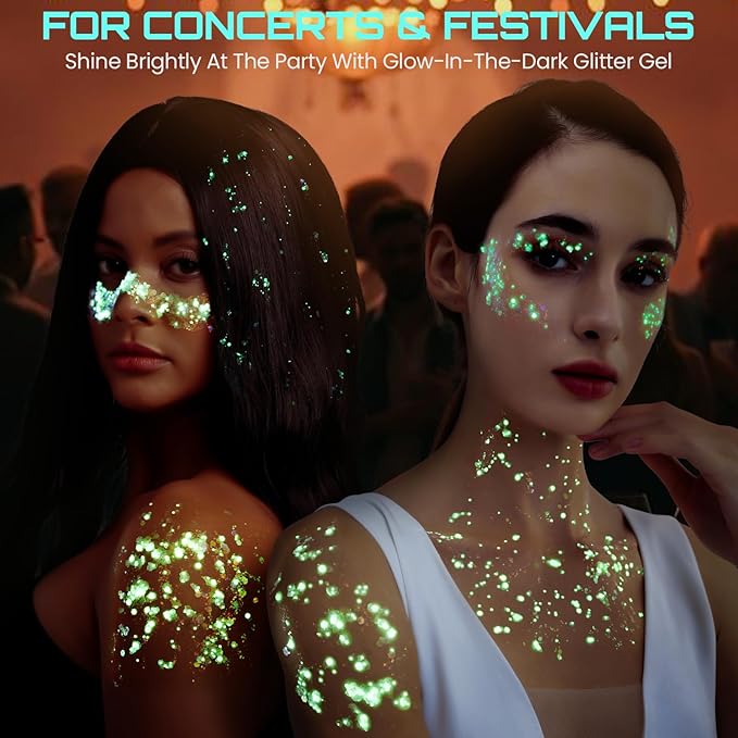 Teenitor Glow in The Dark Glitter, Clear White Body Glitter Gel, Sparkly Neon Face Glitter Hair Glitter, Glow in The Dark Face Paint for Halloween Makeup Glow Party Concerts Raves