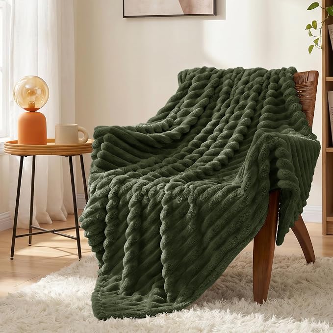 Olive Green Throw Blanket for Couch & Bed, 50 x 60 Inch | 300GSM Ribbed Fleece Blanket, Soft, Cozy & Lightweight, OEKO-TEX Certified, All-Season Use for Travel, Dorm & Home Decor