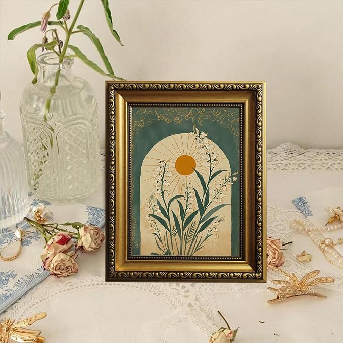 Lily of the Valley Gold Framed Wall Art Vintage Wall Decor Sun Arch Art | Moody Botanical Pictures Canvas Boho Emerald Green Small Framed Prints Artwork for Entryway Shelf Bedside Tables Gallery Wall