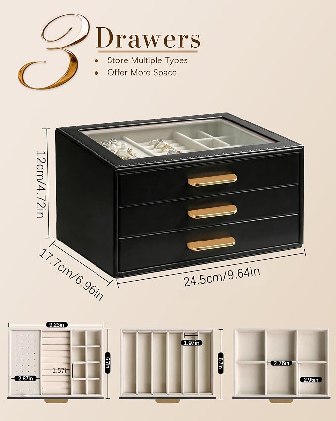 Homeanda Jewelry Boxes Organizer with Glass Lid, 3-Layer PU Leather, Black | Modern style display case with 3 drawers for daily jewelry, women, mom or girl gift