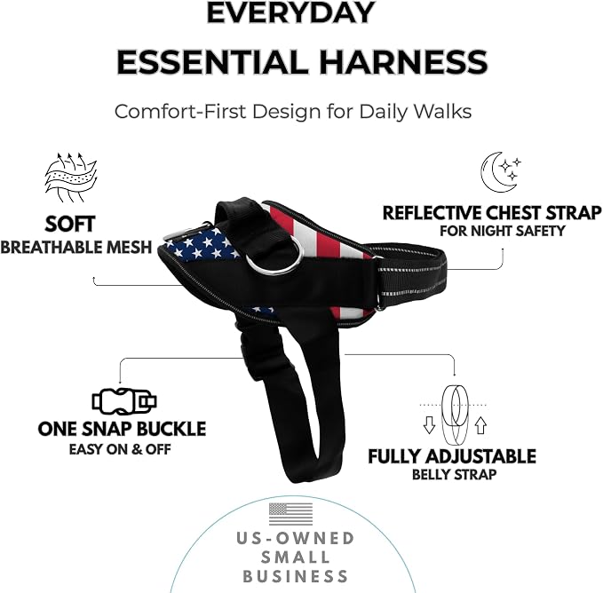 ShawnCo Essential Dog Harness, No-Pull Pet Vest (Stars and Stripes,XS) | 3 Leash Clips, Easy On, No-Choke, Reflective, Adjustable Fit, Padded Comfort, Control Handle, For Small, Medium & Large Dogs