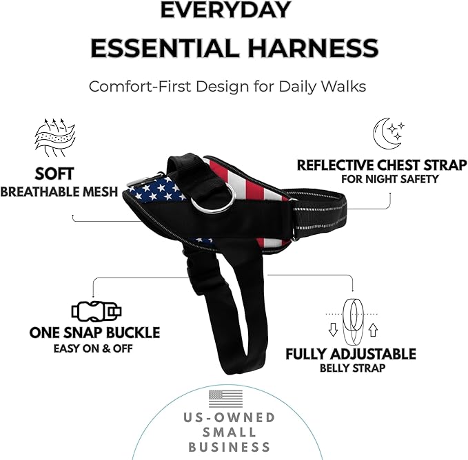 ShawnCo Essential Dog Harness, No-Pull Pet Vest (Stars and Stripes,L) | 3 Leash Clips, Easy On, No-Choke, Reflective, Adjustable Fit, Padded Comfort, Control Handle, For Small, Medium & Large Dogs