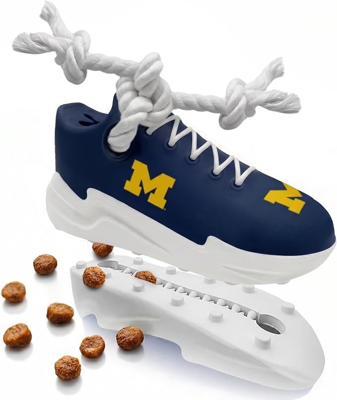 NCAA Michigan Wolverines Cleat Sneaker Spike Dog Toy, Treat Dispenser Chew Toy for Dogs, Interactive Rope Tug Toy, Slow Feeder Natural Rubber Dog Toy with Official Team Logo for Puppies & Adult Dogs