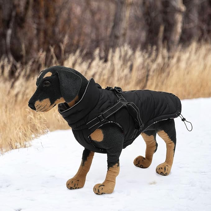 Geyecete Winter Warm Coat Waterproof Jacket with Harness Traction Belt,Pet Outdoor Jacket for Medium, Small Dogs - Black