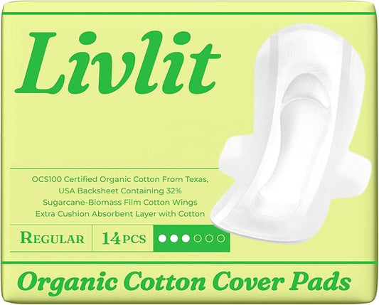Livlit Regular Size Ultra Thin Sanitary Pads, 100% Organic Cotton from Texas, Powerful Leak Protection, Unscented, Chlorine Free and Absorbency of Feminine Periods, Pads for Women (14 Count)
