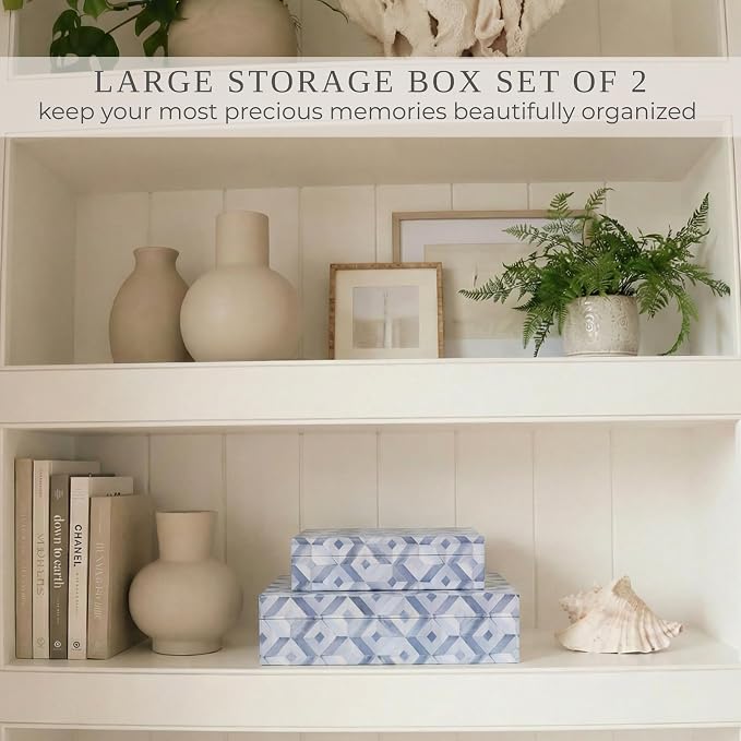 Decorative Storage Boxes with Lids - Set of 2 Organizer Bins for Bookshelf | Beautiful Home Decor - Safely Store Photos, Documents and Memory Box Keepsakes on Your Shelves in Style