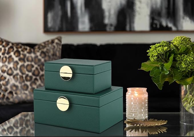 HofferRuffer Faux Leather Jewelry Boxes, Decorative Boxes Storage Accessory Organizer with Gold Hardware Decor, Classic Vegan Leather Set of 2 Pieces (Green)