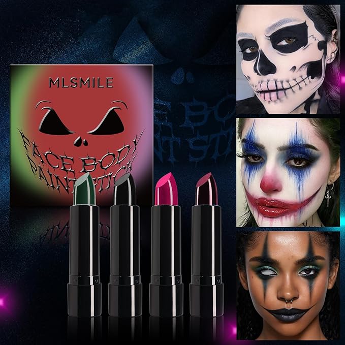 4 Colors Halloween Face Body Paint Lipstick, Cream Eye Black Stick for Baseball, High Pigmented Clown SFX Foundation Cream Makeup for for Sports Festival Halloween Cosplay Goth Costume Makeup (B#)
