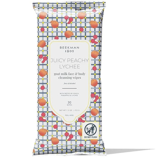 Beekman 1802 Face Wipes – Makeup Remover Wipes for Face, Facial Cleansing Wipes that Remove Makeup & Dirt, Travel Essentials, Face Wipes with Goat Milk & Aloe, Juicy Peachy Lychee 30 Count