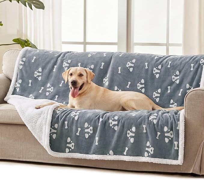 Luciphia Waterproof Dog Blanket Reversible Sherpa Fleece for Small Dogs Cat | Soft Print Pet Blanket Washable Pee Proof, Furniture Protector for Couch Sofa Bed Car, Cozy Throw(65" x 57", Grey)