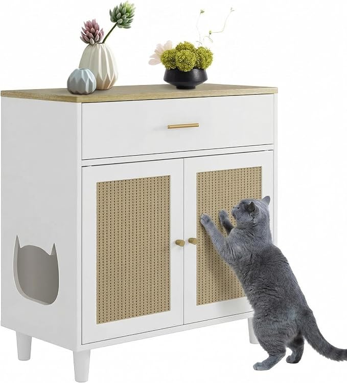 Cat Litter Box Enclosure, Wood Cats Litter Box with 2 Doors, Hidden Pet Storage Cabinet Furniture with Scratching Pad, Modern Cat Cabinet for Living Room, Entryway, White