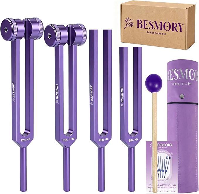 Tuning Forks for Healing Set — Includes 4 Frequency Tuning Forks (128Hz, 136.1Hz, 256Hz, 384Hz) and Reflex Hammer, Sound Healing Instruments for Chakra Sound Therapy, Yoga & Meditation Accessories