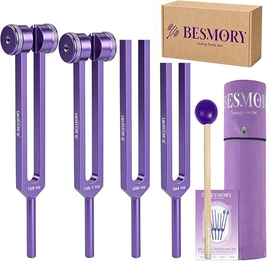 Tuning Forks for Healing Set — Includes 4 Frequency Tuning Forks (128Hz, 136.1Hz, 256Hz, 384Hz) and Reflex Hammer, Sound Healing Instruments for Chakra Sound Therapy, Yoga & Meditation Accessories