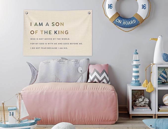 Christian Nursery Decor, Boy Nursery Wall Art, I Am a Son of the King Canvas Banner Wall Decor for Kids Boys Room Bedroom Playroom, 30x20 in
